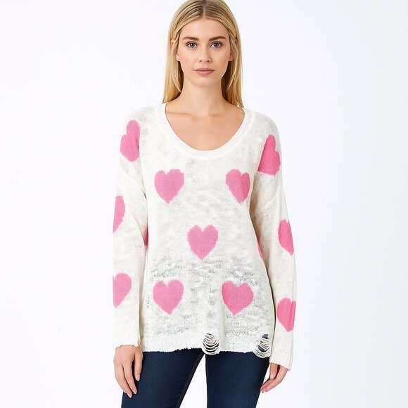 2/$30 143 Story All Over Heart Valentine Sweater White Small #A0269 TRB2 - Picture 1 of 8